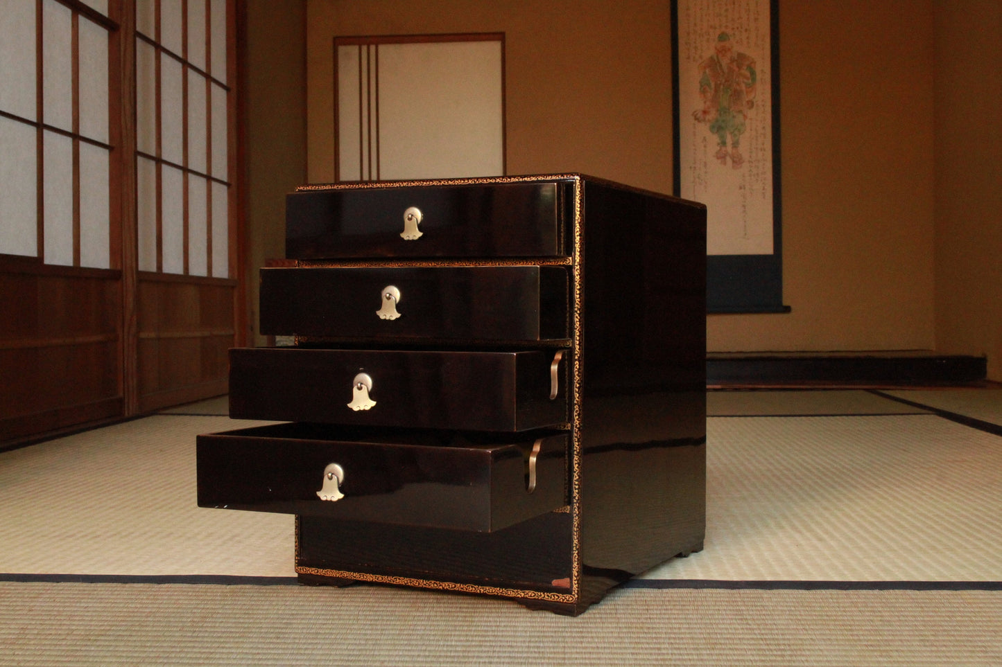 RARE! Japan antique furniture from Buddhism temple, Small Chest of drawers black lacquer Tansu, gold Makie Samurai crest H13.4×W10.2×12.6in