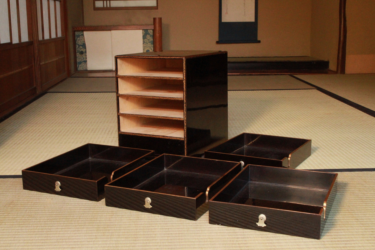 RARE! Japan antique furniture from Buddhism temple, Small Chest of drawers black lacquer Tansu, gold Makie Samurai crest H13.4×W10.2×12.6in