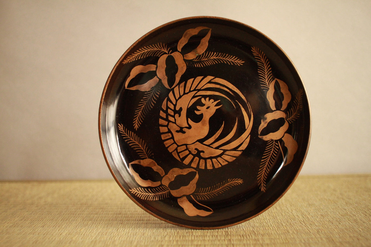 Black lacquer plates Set Five, Japanese Antique tableware wooden dish with hand painting picture of gold phoenix 6.7in