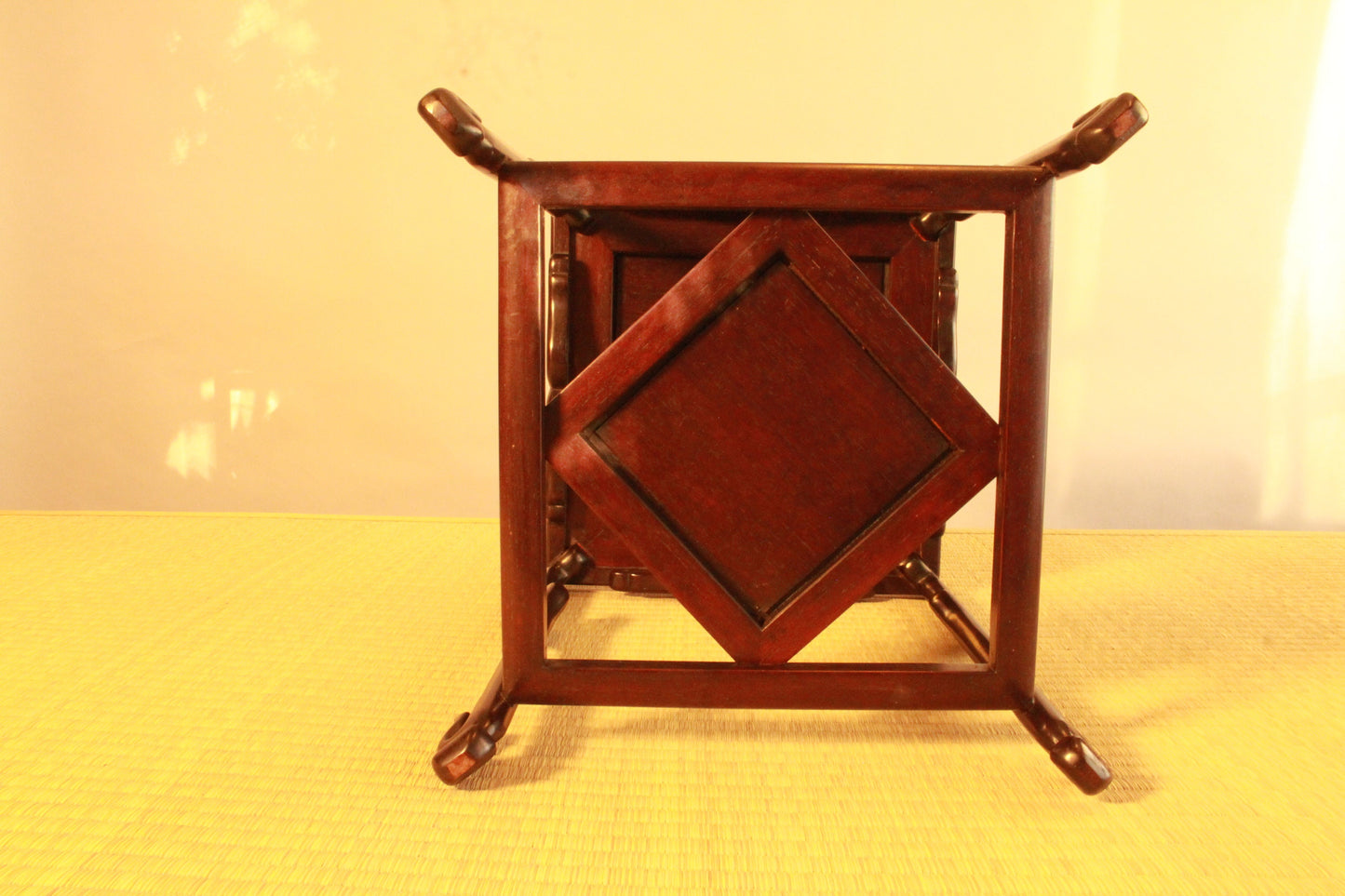 Decoration Stand Karaki dark brown wood with double shelves and unique legs, Japanese antique furniture Ikebana Bonsai H13.2×10×10in