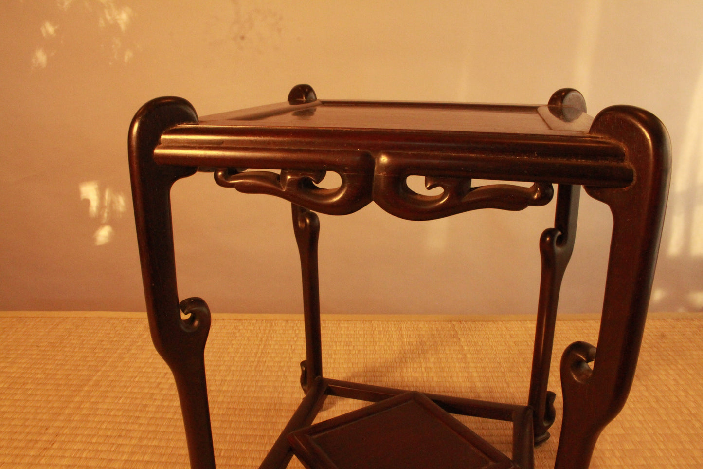 Decoration Stand Karaki dark brown wood with double shelves and unique legs, Japanese antique furniture Ikebana Bonsai H13.2×10×10in
