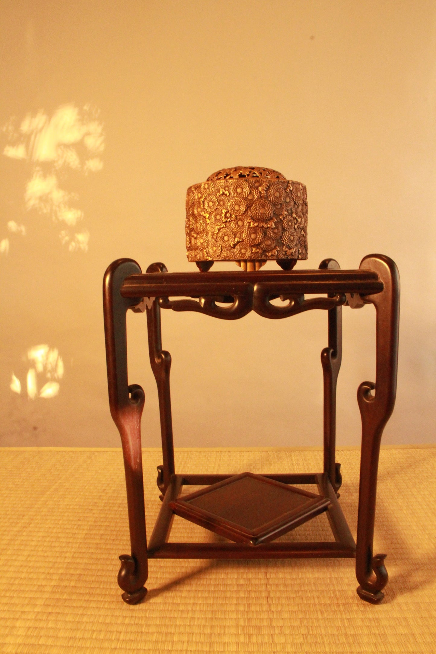 Decoration Stand Karaki dark brown wood with double shelves and unique legs, Japanese antique furniture Ikebana Bonsai H13.2×10×10in