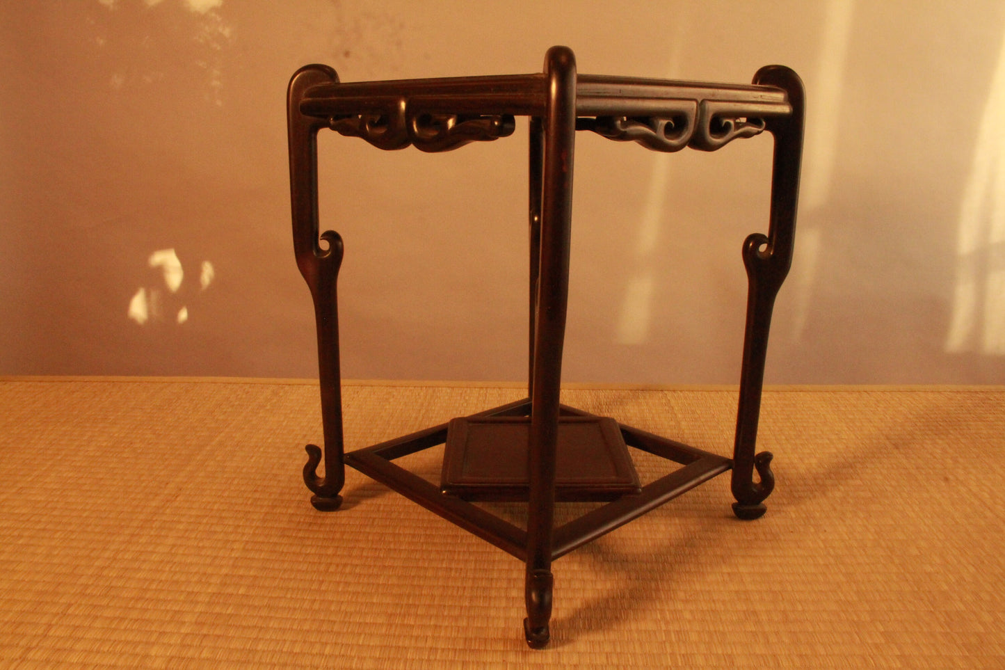 Decoration Stand Karaki dark brown wood with double shelves and unique legs, Japanese antique furniture Ikebana Bonsai H13.2×10×10in