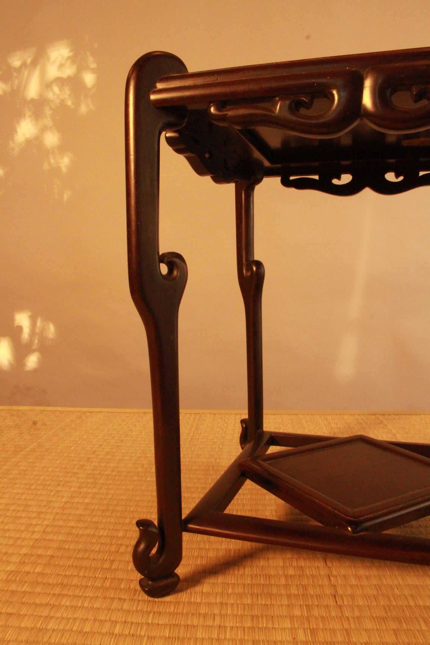 Decoration Stand Karaki dark brown wood with double shelves and unique legs, Japanese antique furniture Ikebana Bonsai H13.2×10×10in