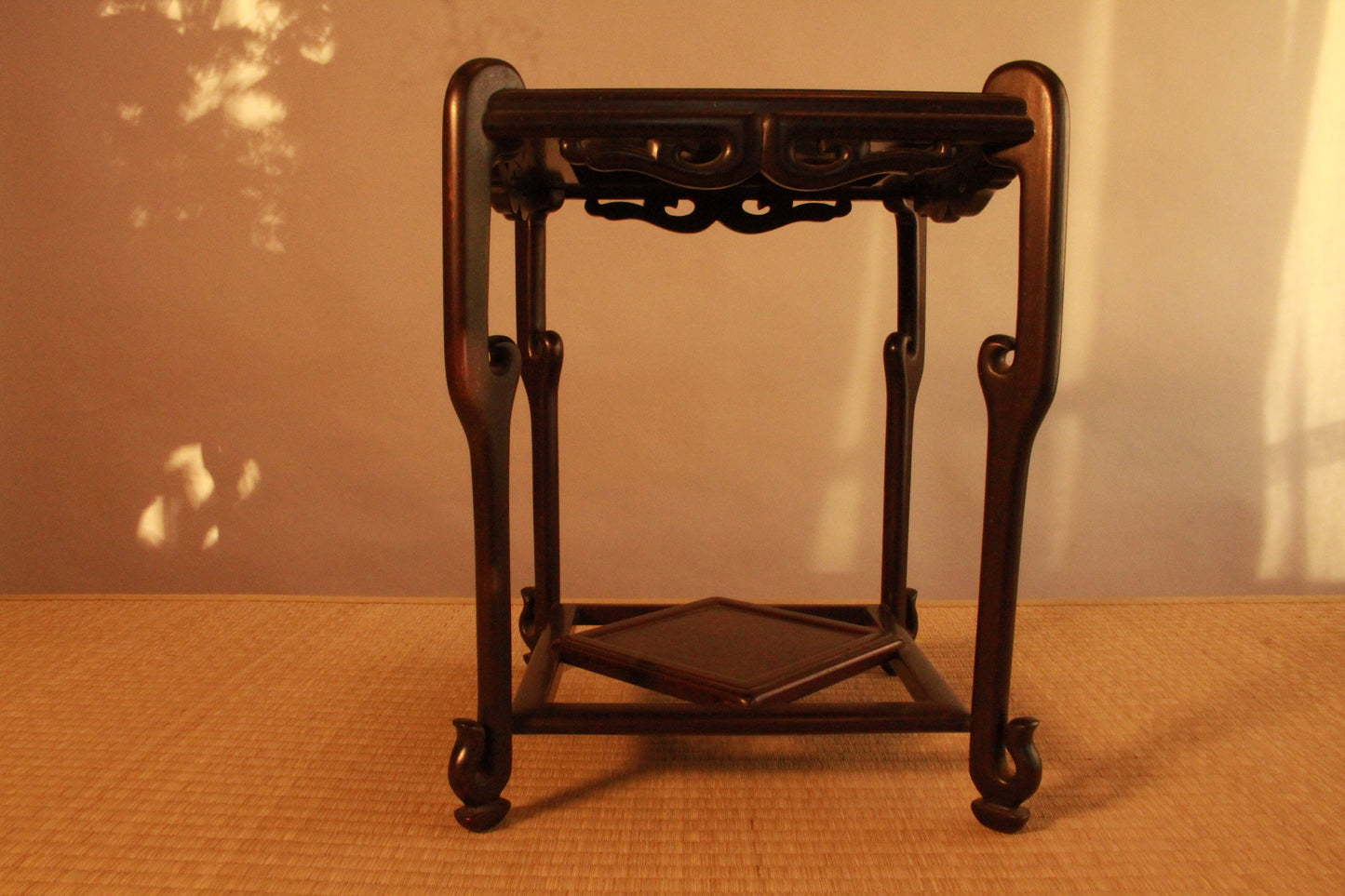 Decoration Stand Karaki dark brown wood with double shelves and unique legs, Japanese antique furniture Ikebana Bonsai H13.2×10×10in