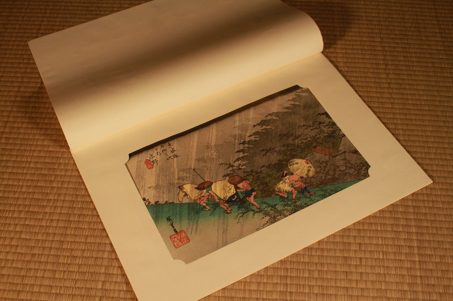Japanese Ukiyo-e Woodblock print, by Hiroshige, "Rain Shower at Shono" From the series Fifty Three Stations of the Tokaido 10.2in×15in