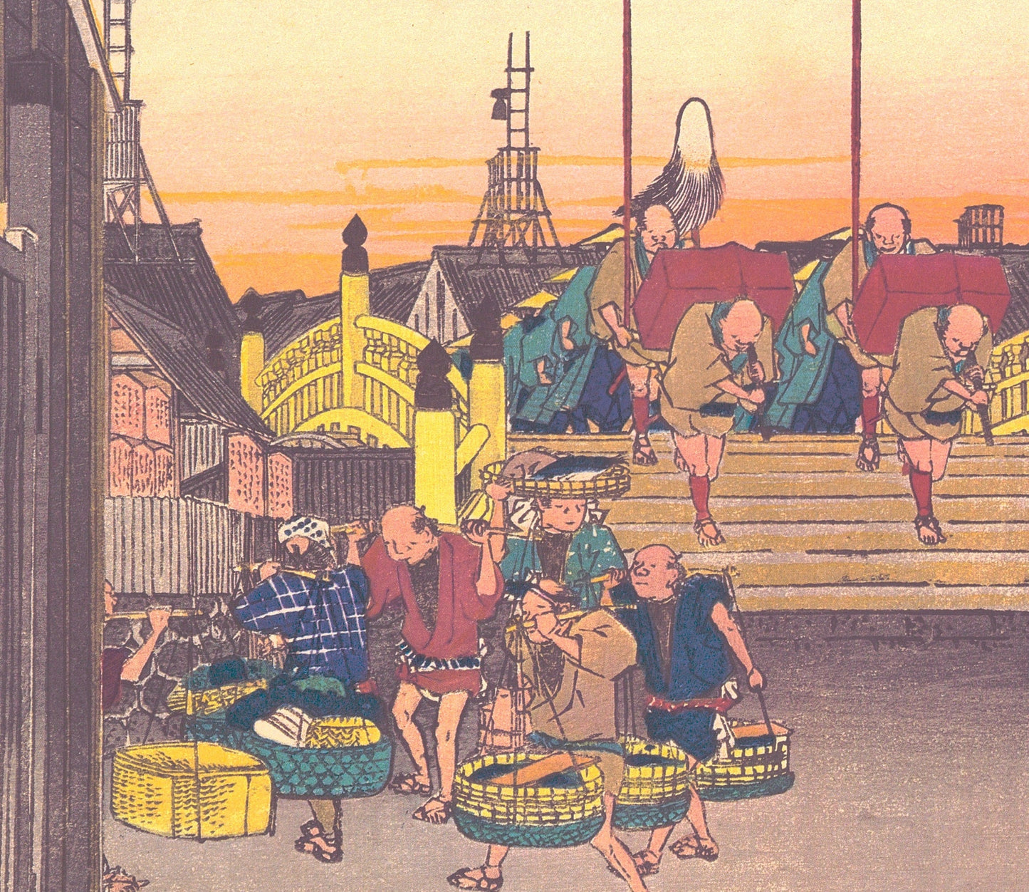 Japanese Ukiyo-e Woodblock print, by Hiroshige, "Nihonbashi bridge in Edo" From the series Fifty Three Stations of the Tokaido 10.2in×15in