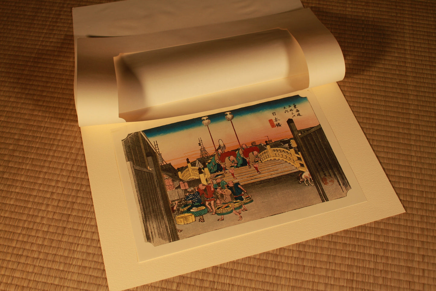 Japanese Ukiyo-e Woodblock print, by Hiroshige, "Nihonbashi bridge in Edo" From the series Fifty Three Stations of the Tokaido 10.2in×15in
