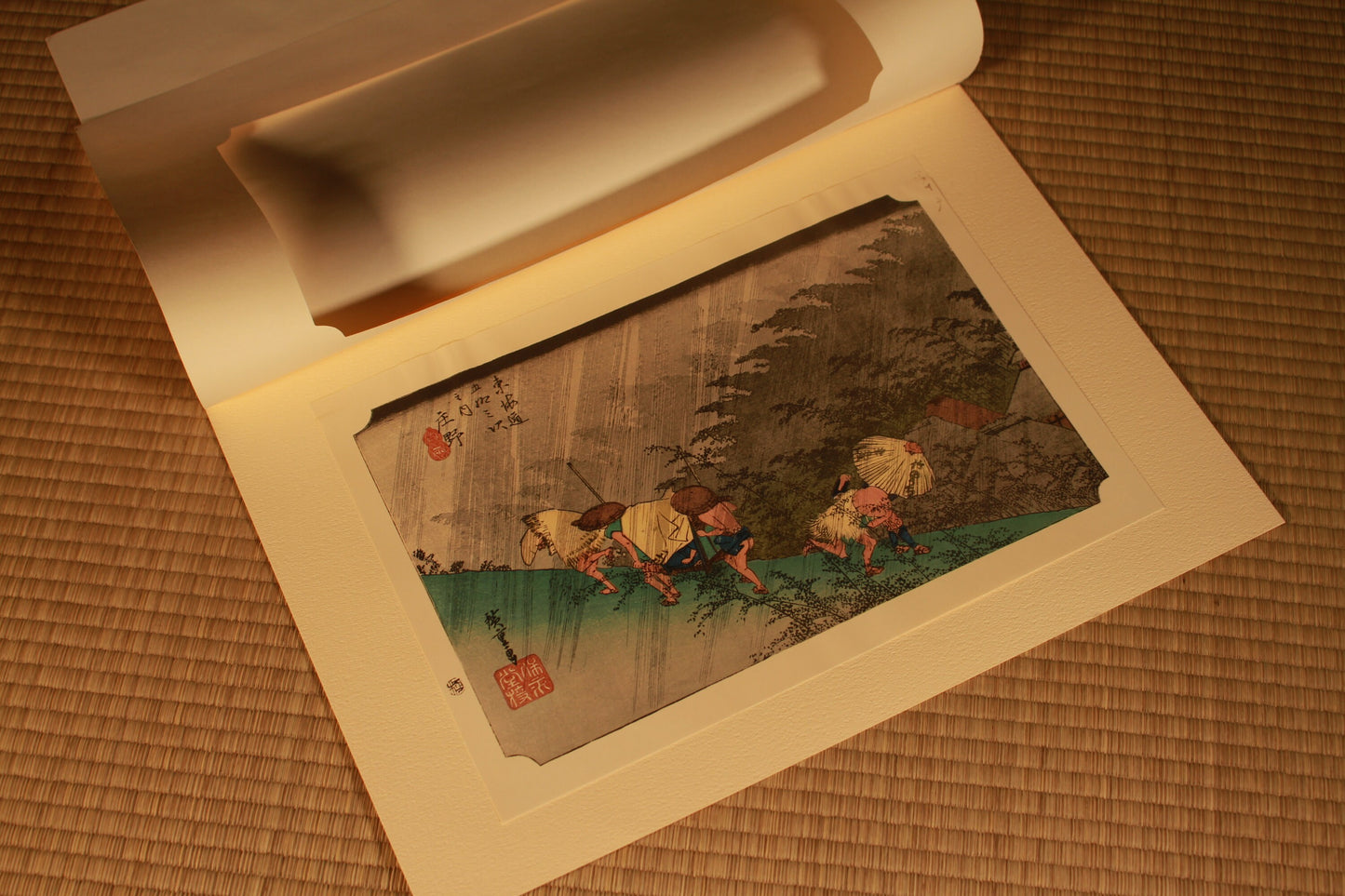Japanese Ukiyo-e Woodblock print, by Hiroshige, "Rain Shower at Shono" From the series Fifty Three Stations of the Tokaido 10.2in×15in