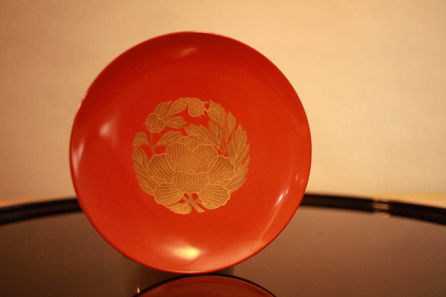 Red Makie lacquer wooden sake cup with gold a picture of peony, Japanese Antique wooden "sakazuki" with wooden box 0.8×4.3in