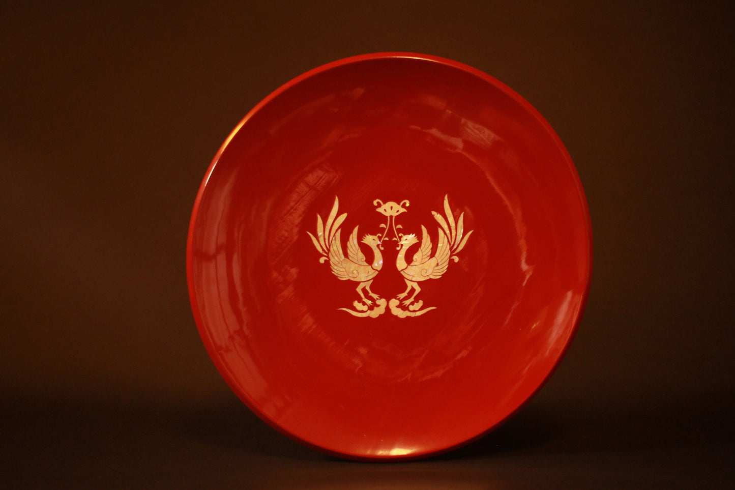 Japanese Antique Collectors plate lacquer tray Large Red and Shell RADEN work with a phoenix pattern "URUSHI" tray wooden 12.6in