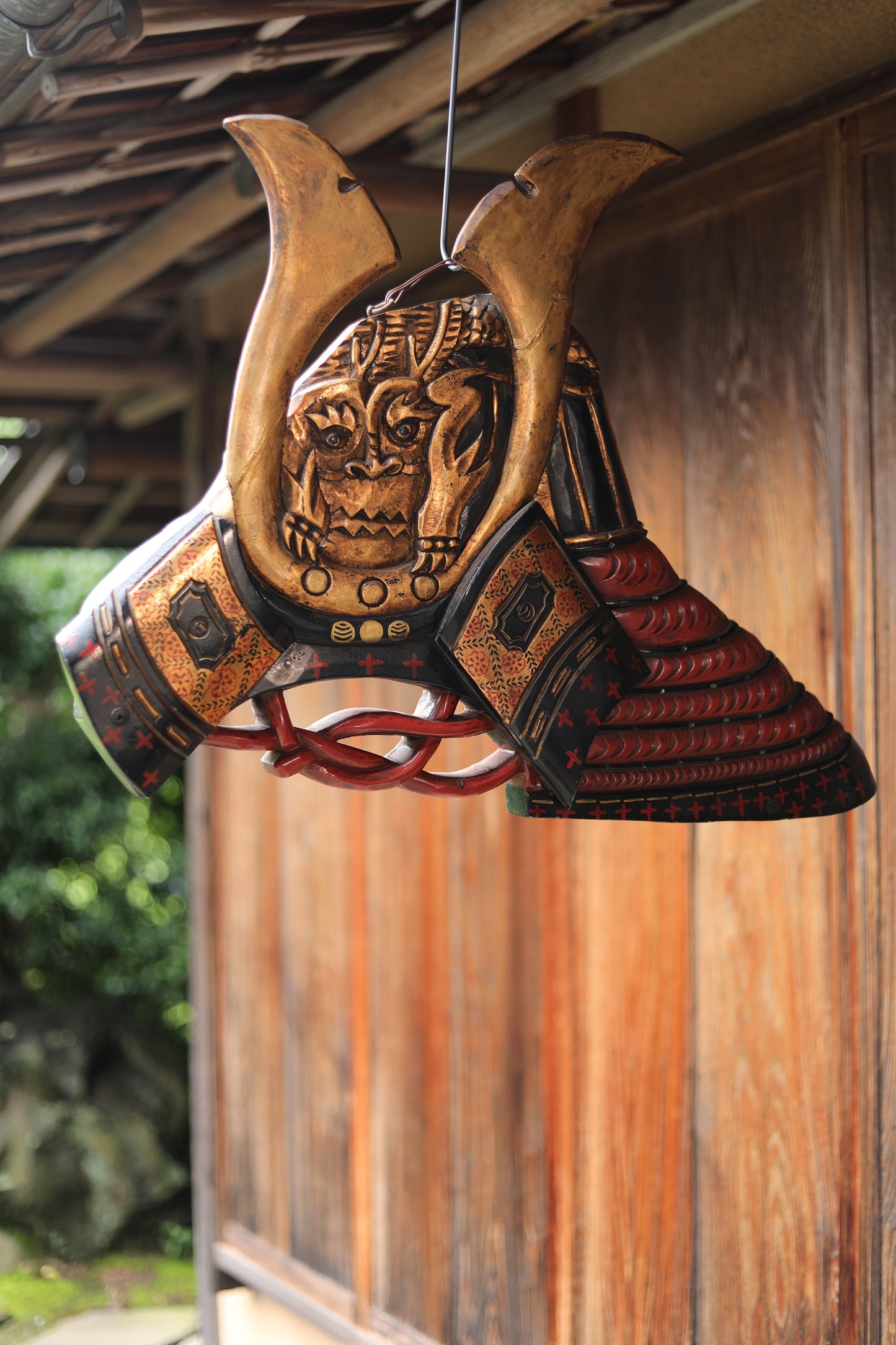 BIG!!Japanese antique furniture wood signboard hand curved SUMURAI armor helmet DRAGON design Japanese vintage large wood1910s H27.6×21.7in