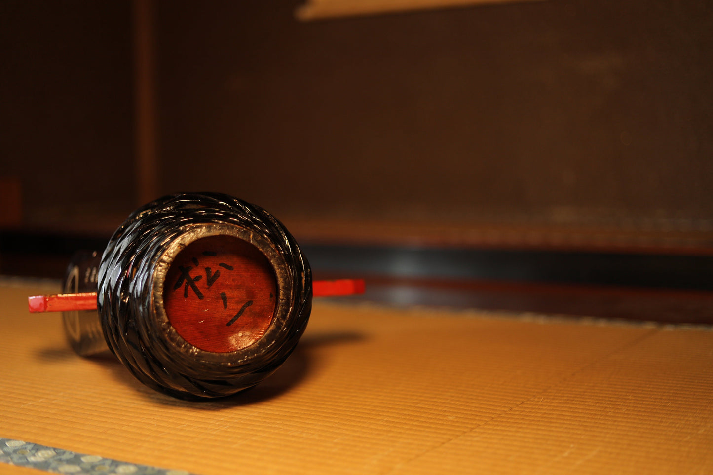 RARE! Japanese vintage double horned sake barrel lacquered in red and black, with inner metal bottle, Kanji calligraphy on the side, H18.5in