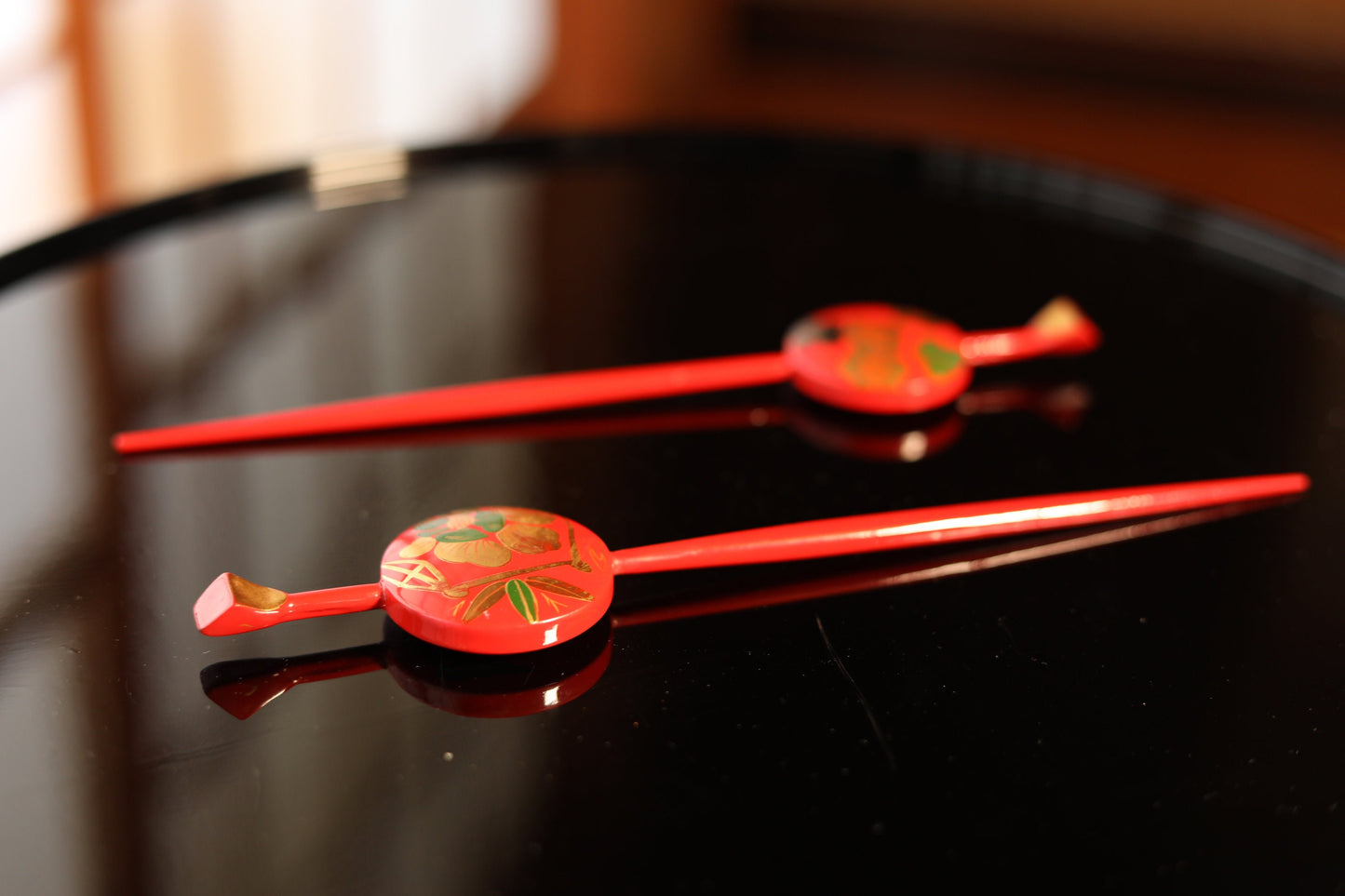 Red Gold KIMONO accessories made of wood & lacquer ,Japanese Antique Floral Plant pattern "Kanzashi"Hairpin hatpin pair set
