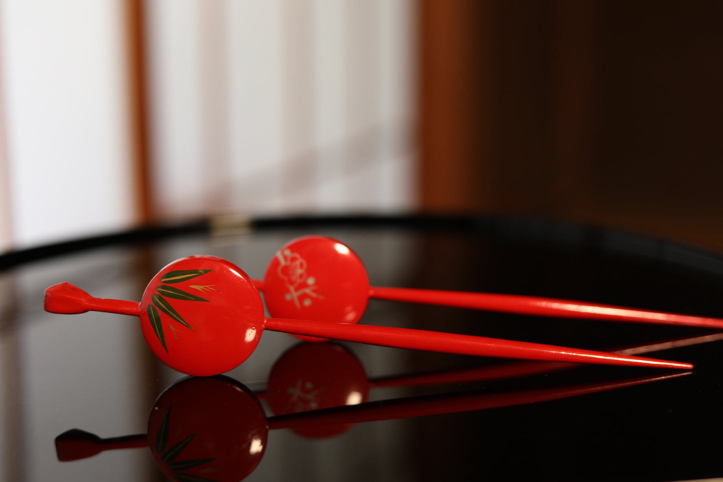 Red Gold KIMONO accessories made of wood & lacquer ,Japanese Antique Floral Plant pattern "Kanzashi"Hairpin hatpin pair set