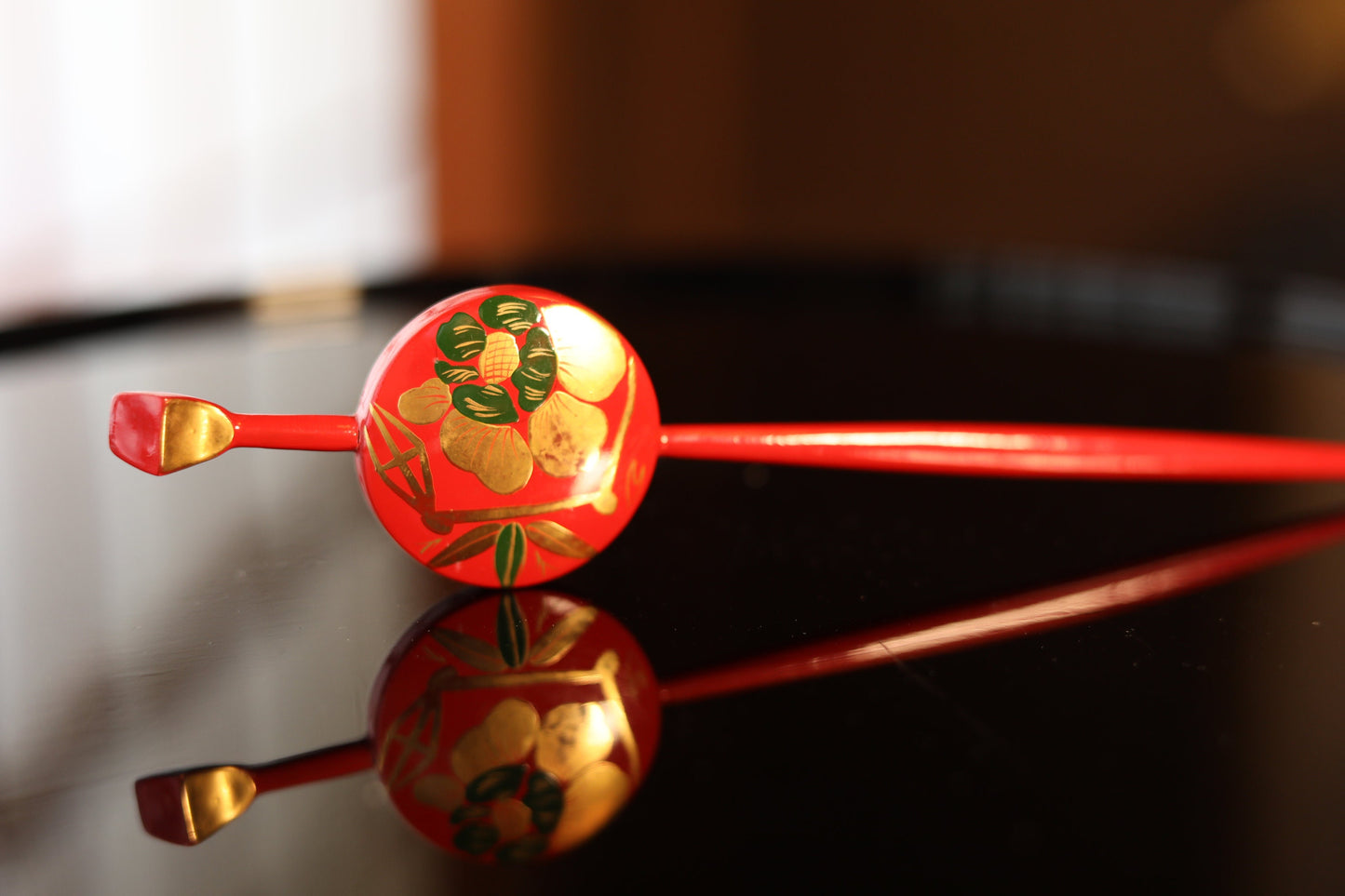 Red Gold KIMONO accessories made of wood & lacquer ,Japanese Antique Floral Plant pattern "Kanzashi"Hairpin hatpin pair set
