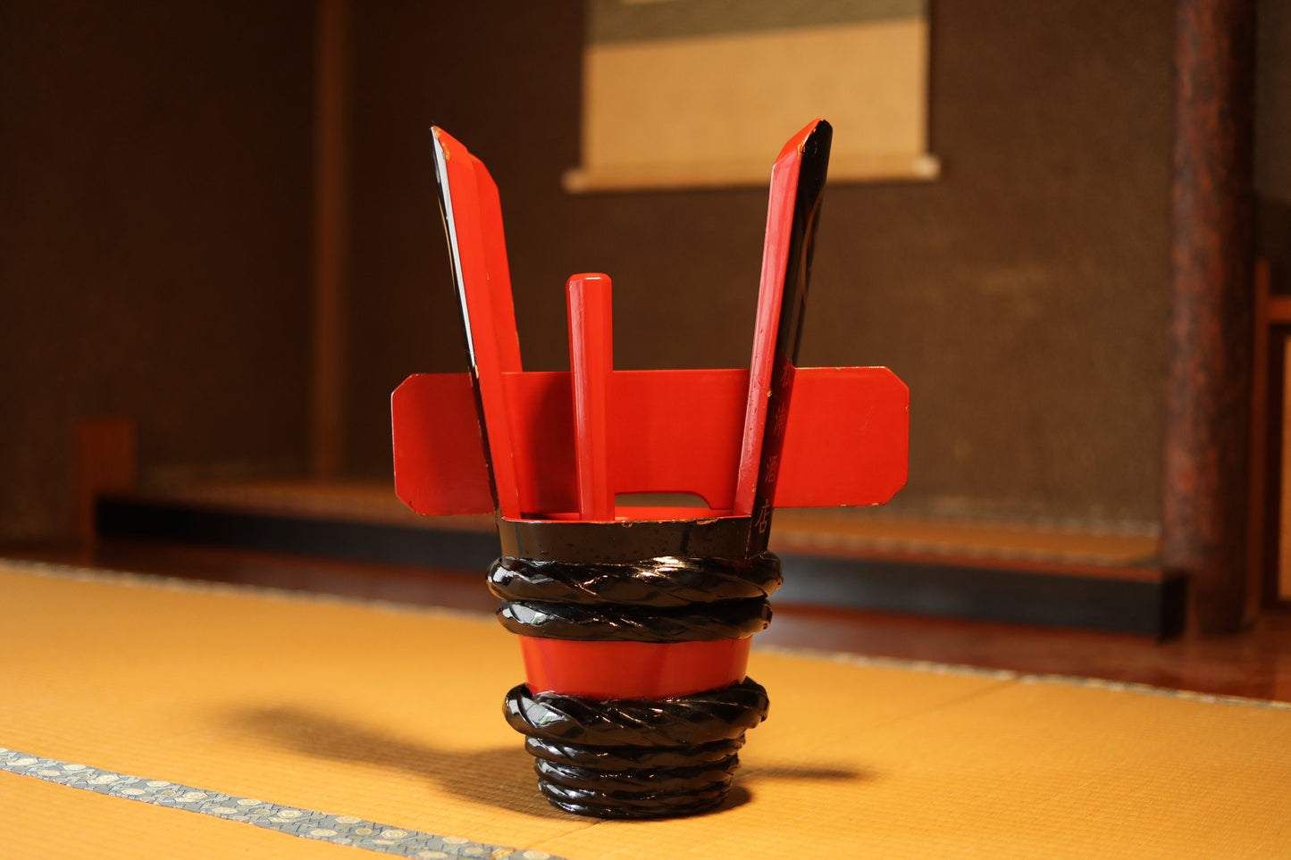 RARE! Japanese vintage double horned sake barrel lacquered in red and black, with inner metal bottle, Kanji calligraphy on the side, H18.5in