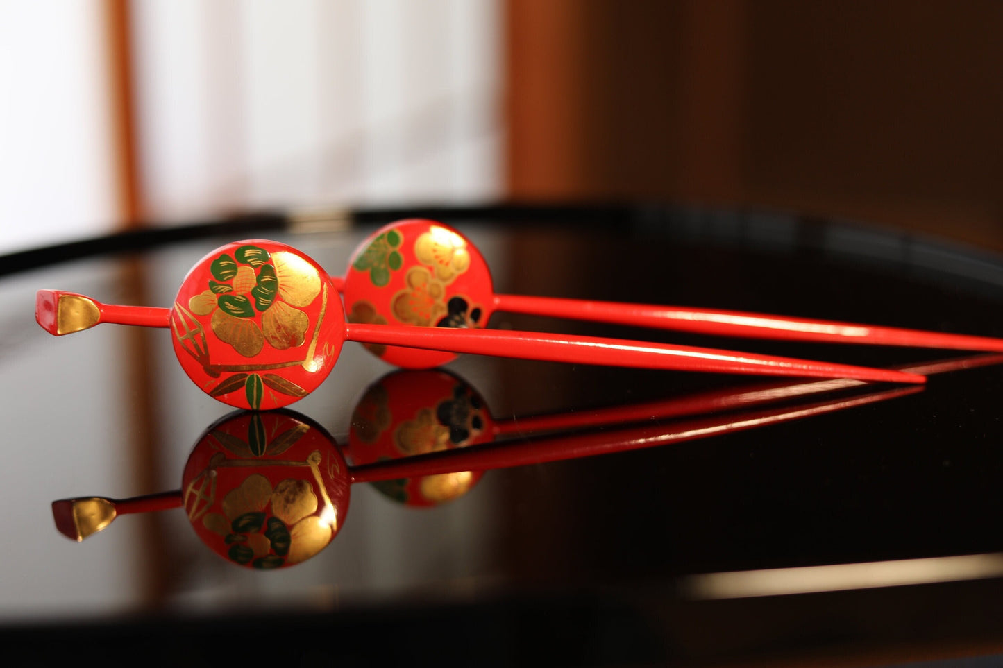 Red Gold KIMONO accessories made of wood & lacquer ,Japanese Antique Floral Plant pattern "Kanzashi"Hairpin hatpin pair set
