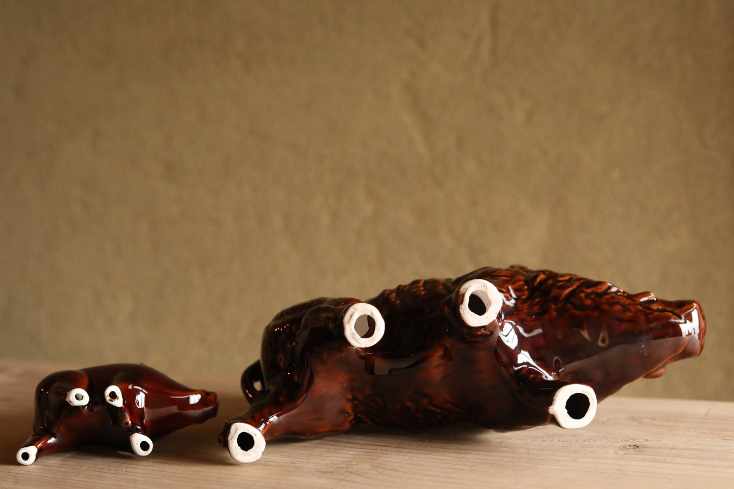 Japanese vintage animal doll wild boars family made of pottery ornament Japanese antique animal H5.3×W9.8×D3in