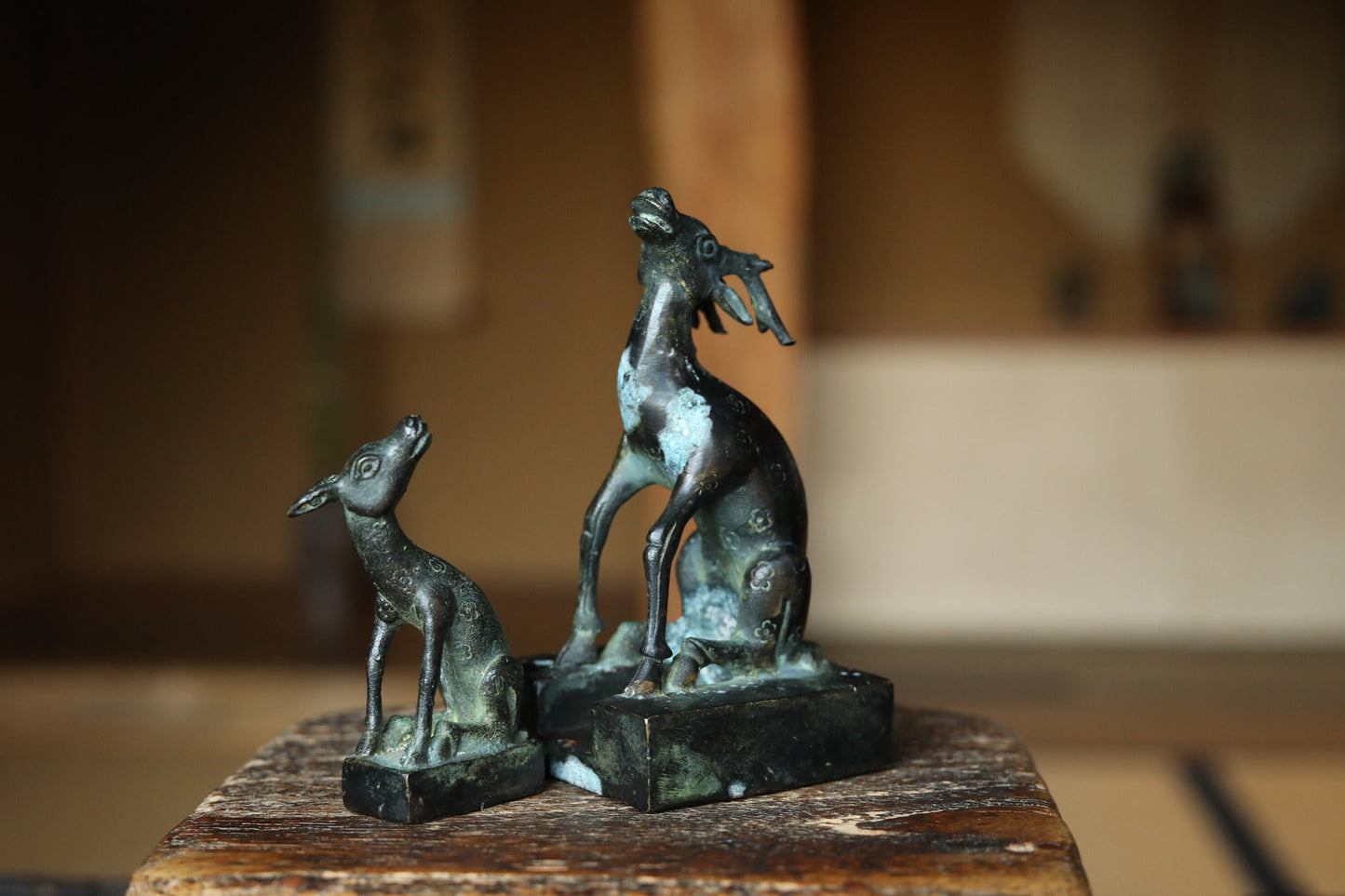 FINE! Chinese antique seal nesting stamp made of bronze, Deer family design beautiful animal ornament 1800s H4.9×2.4×2.4in
