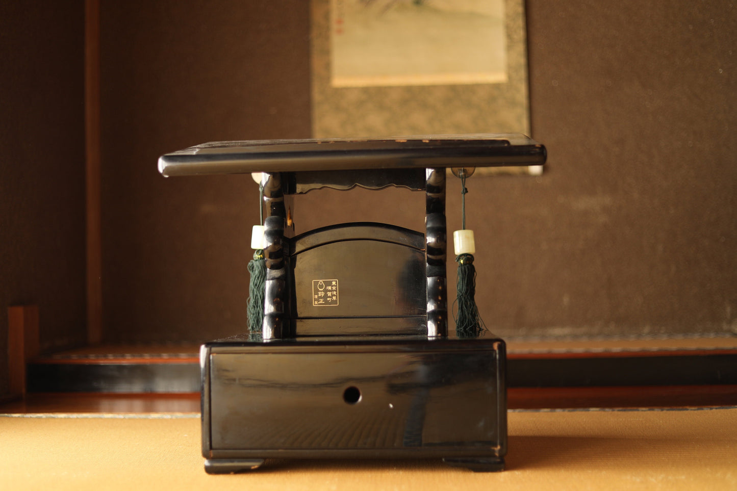 RARE!Japanese antique furniture lacquer MAKIE bookrest, music stand, lectern, wood/shell/gold, with bamboo sparrows SAMURAI, drawer H18.9in