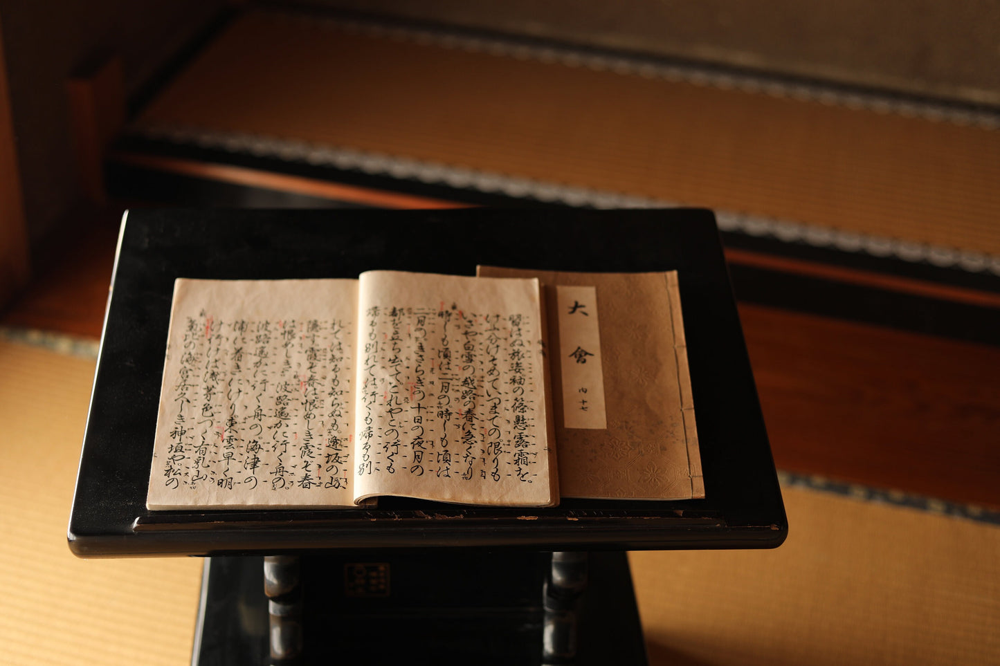 RARE!Japanese antique furniture lacquer MAKIE bookrest, music stand, lectern, wood/shell/gold, with bamboo sparrows SAMURAI, drawer H18.9in