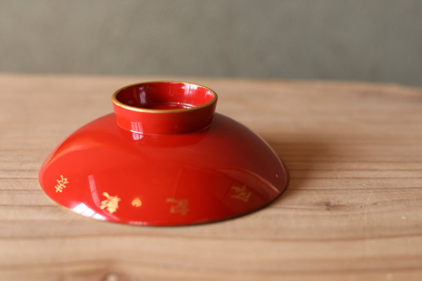 Red lacquer wooden sake cup with a Gold cherry blossom sakura and Kanji, Japanese Antique tableware wooden "SAKAZUKI" wooden box 3.9in