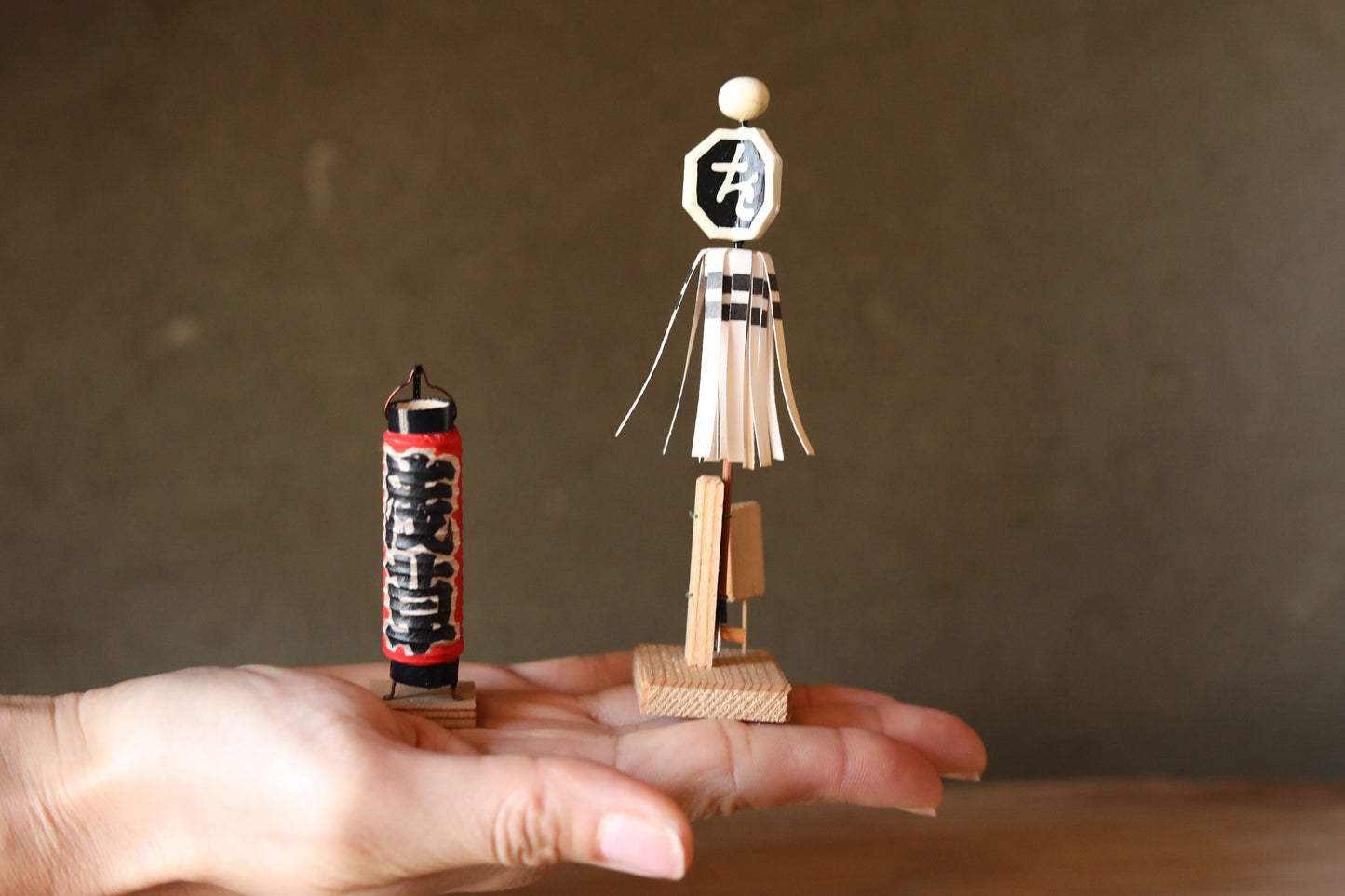 Japanese old miniature toy set Chochin Lanterns and firefighter decorations with Kanji calligraphy made of wood and paper 4.6×1.1in
