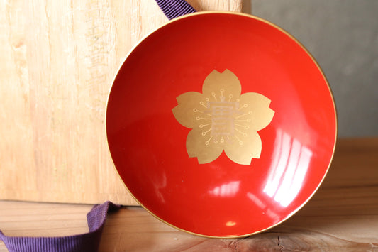 Red lacquer wooden sake cup with a Gold cherry blossom sakura and Kanji, Japanese Antique tableware wooden "SAKAZUKI" wooden box 3.9in