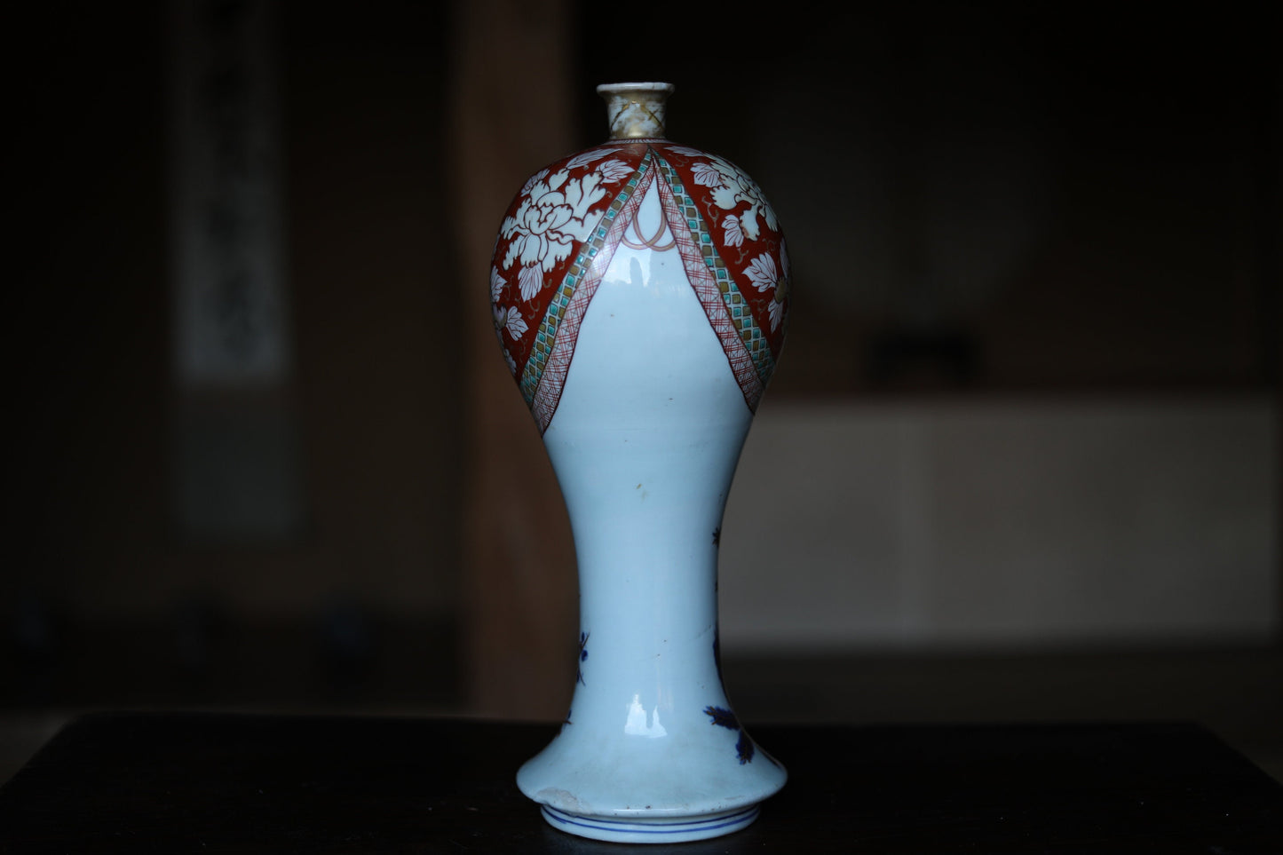 BIG! Japanese antique 1800s porcelain Sake bottle for shrine altar, large vase "KOIMARI" KINTSUGI Kanji flower design hand painting H13.8in