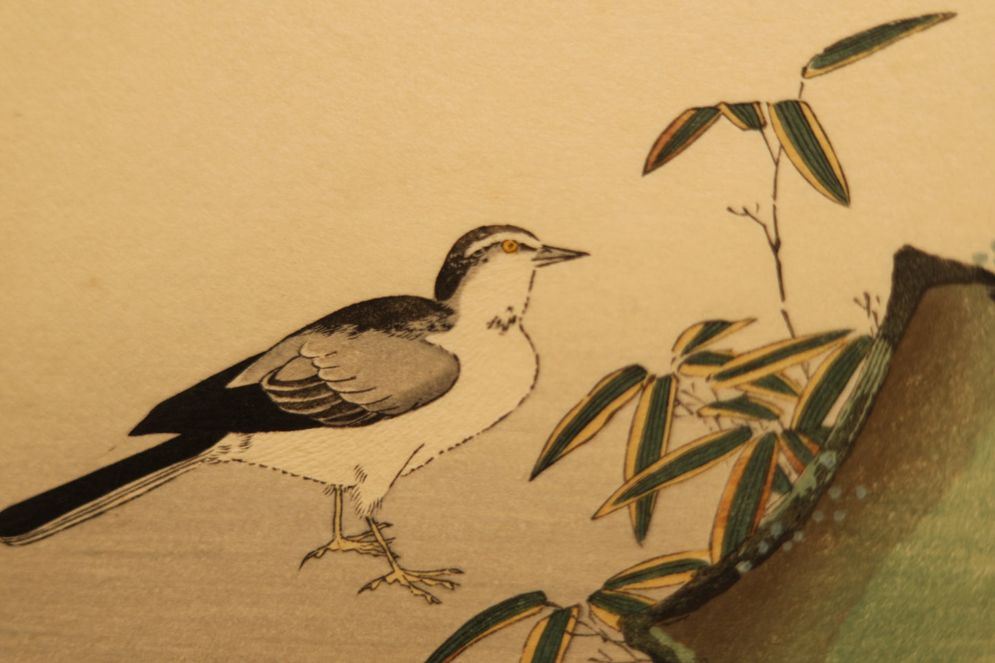 Japanese vintage art of birds Wagtail, Copper Pheasant and Kanji calligraphy poem,block printing with flame, wall deco picture H16.3×W21.1in
