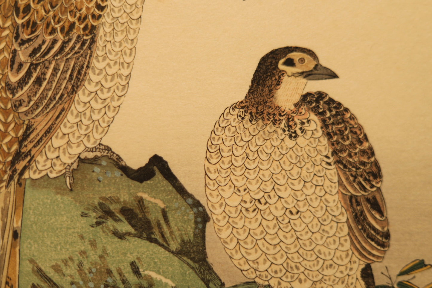 Japanese vintage art of birds Wagtail, Copper Pheasant and Kanji calligraphy poem,block printing with flame, wall deco picture H16.3×W21.1in