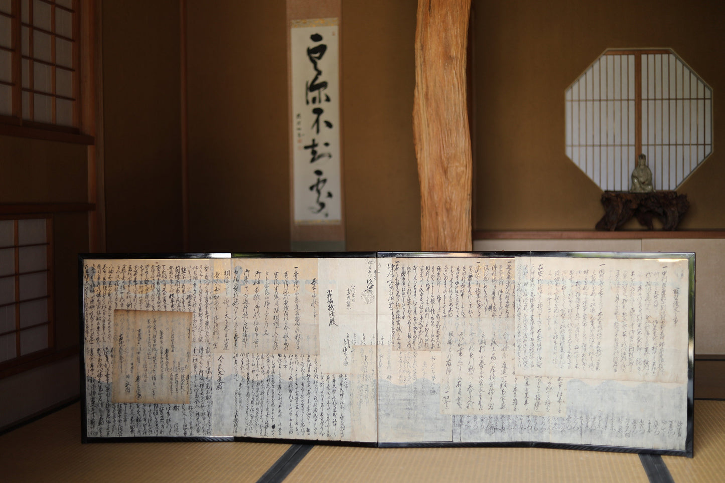 Japanese old low foldable screen "byobu" covered with kanji calligraphy papers collages, Japanese classic paper partition, H21.5×W67.9in