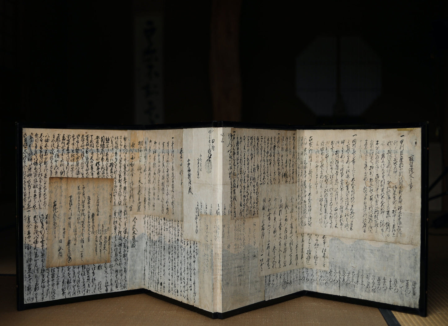 Japanese old low foldable screen "byobu" covered with kanji calligraphy papers collages, Japanese classic paper partition, H21.5×W67.9in