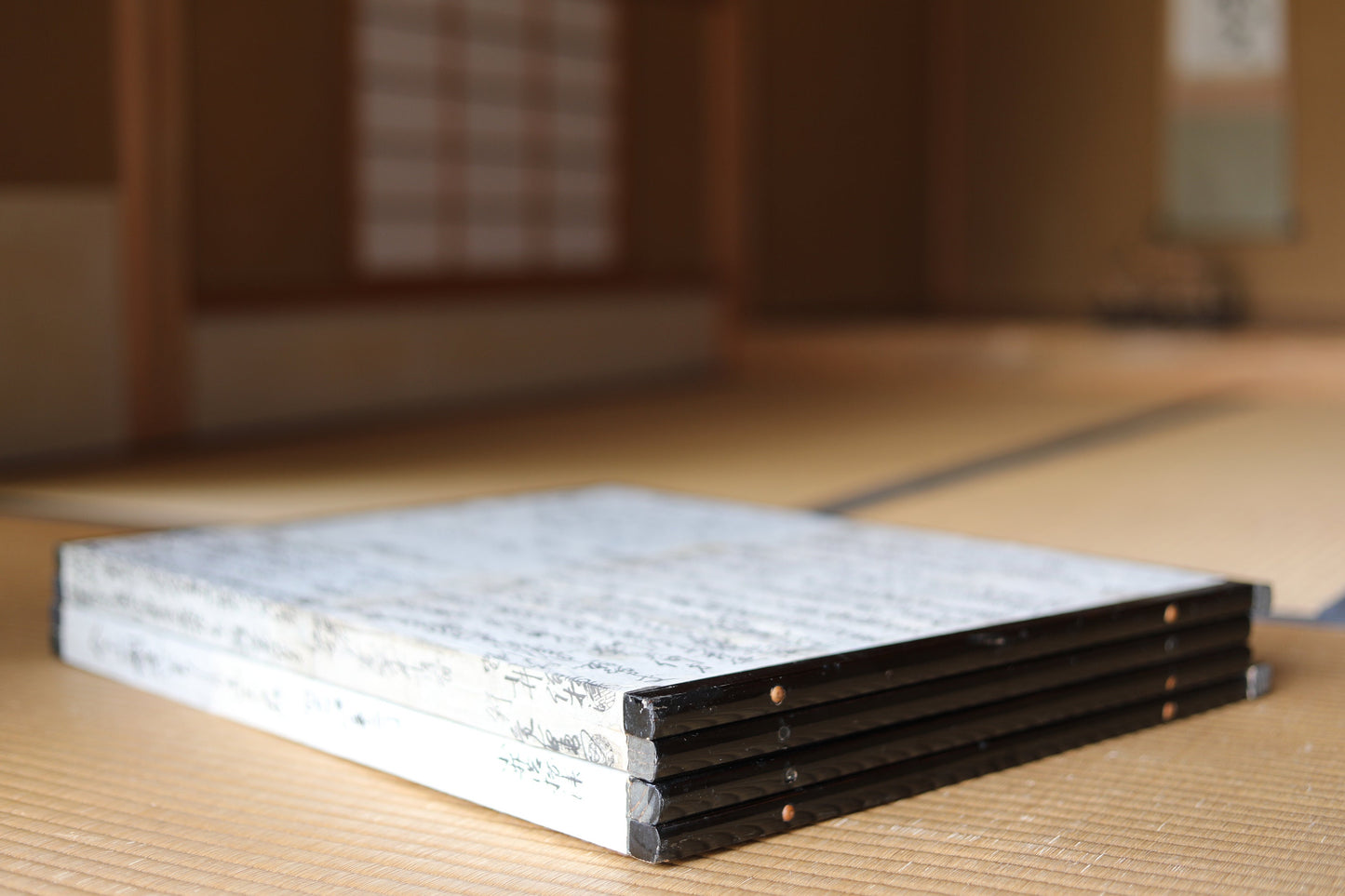 Japanese old low foldable screen "byobu" covered with kanji calligraphy papers collages, Japanese classic paper partition, H21.5×W67.9in
