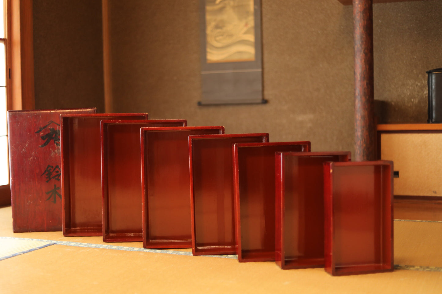 Japanese vintage stackable lacquered wood boxes with Kanji,"Kiridame" multi purpose 7 nesting boxes Furniture L H4.9xW19.1in S H2.6xW7.7in