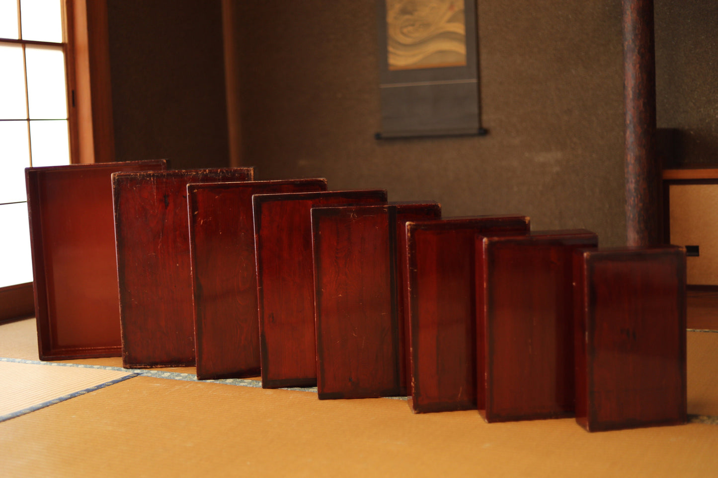 Japanese vintage stackable lacquered wood boxes with Kanji,"Kiridame" multi purpose 7 nesting boxes Furniture L H4.9xW19.1in S H2.6xW7.7in