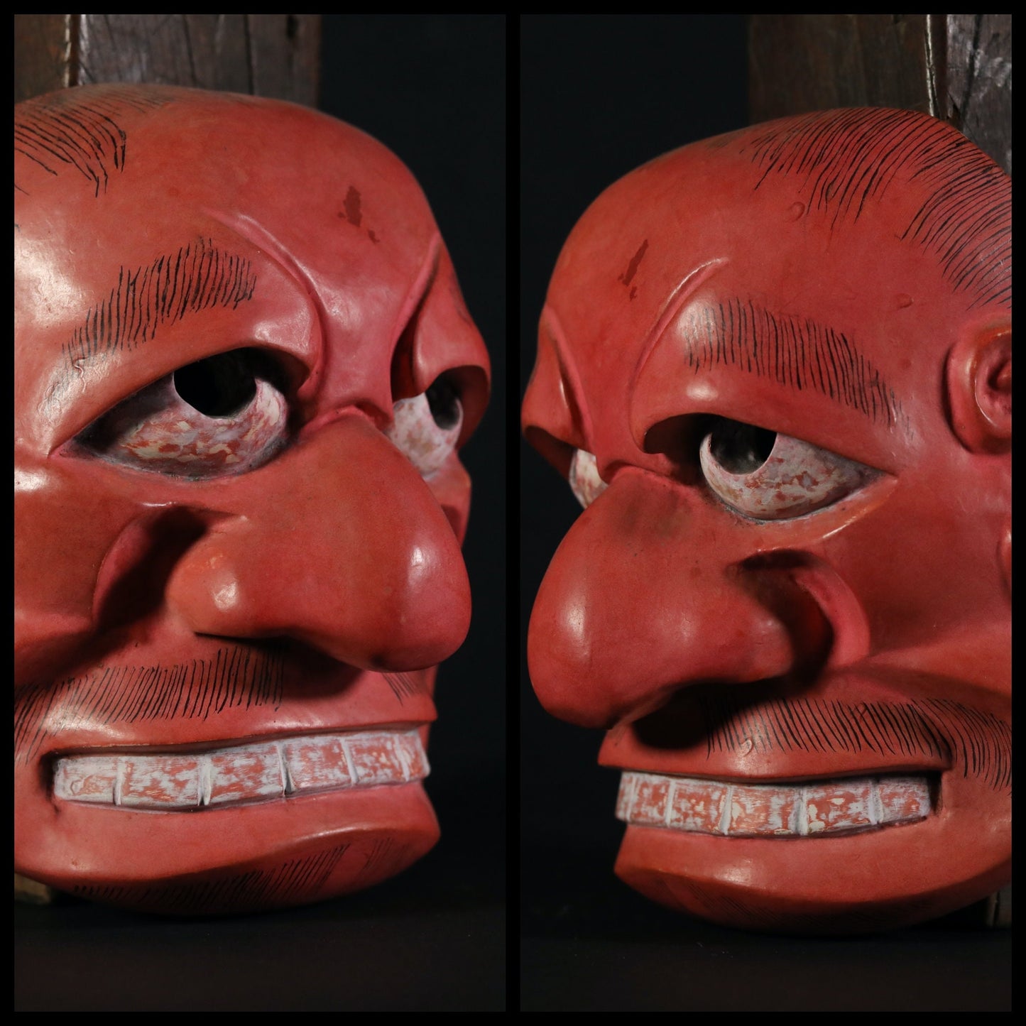 Japanese antique Noh mask red demon 武悪BUAKU wood carving Kyogen buddhist ornament statue with silk bag Japanese art wall deco H7.9in×W6.7in