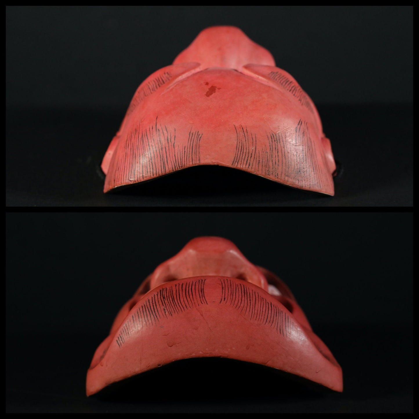 Japanese antique Noh mask red demon 武悪BUAKU wood carving Kyogen buddhist ornament statue with silk bag Japanese art wall deco H7.9in×W6.7in