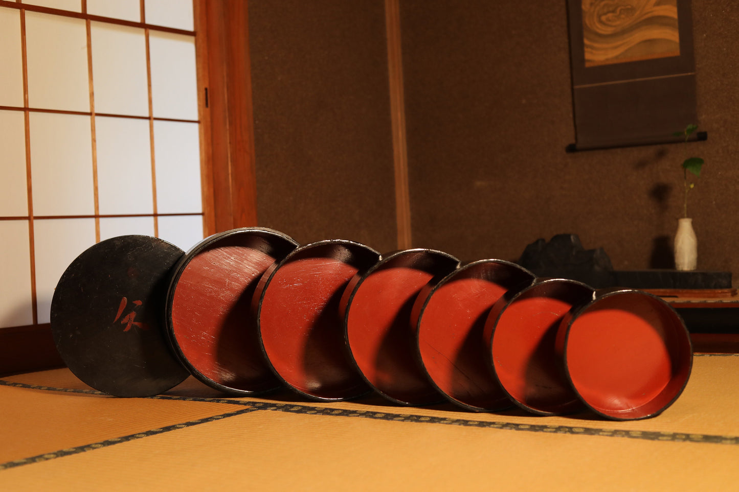 Japanese vintage stackable black lacquered wood round boxes with Kanji,"Kiridame" multi purpose 6 nesting boxes storage container L W12.9in