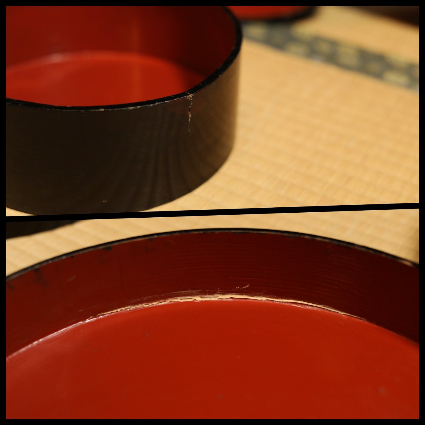 Japanese vintage stackable black lacquered wood round boxes with Kanji,"Kiridame" multi purpose 6 nesting boxes storage container L W12.9in