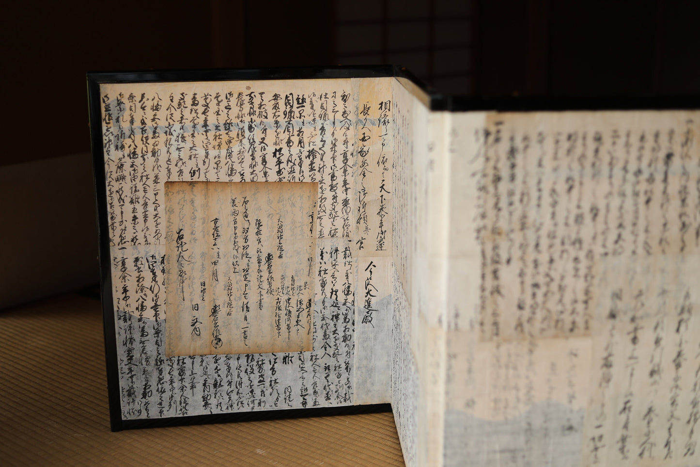 Japanese old low foldable screen "byobu" covered with kanji calligraphy papers collages, Japanese classic paper partition, H21.5×W67.9in