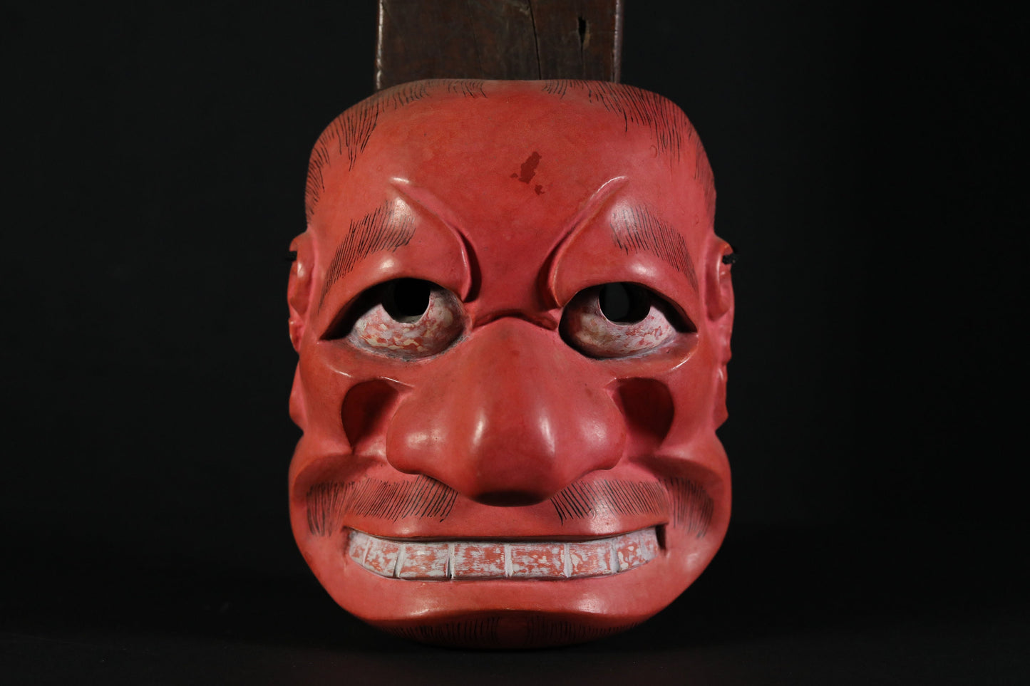 Japanese antique Noh mask red demon 武悪BUAKU wood carving Kyogen buddhist ornament statue with silk bag Japanese art wall deco H7.9in×W6.7in