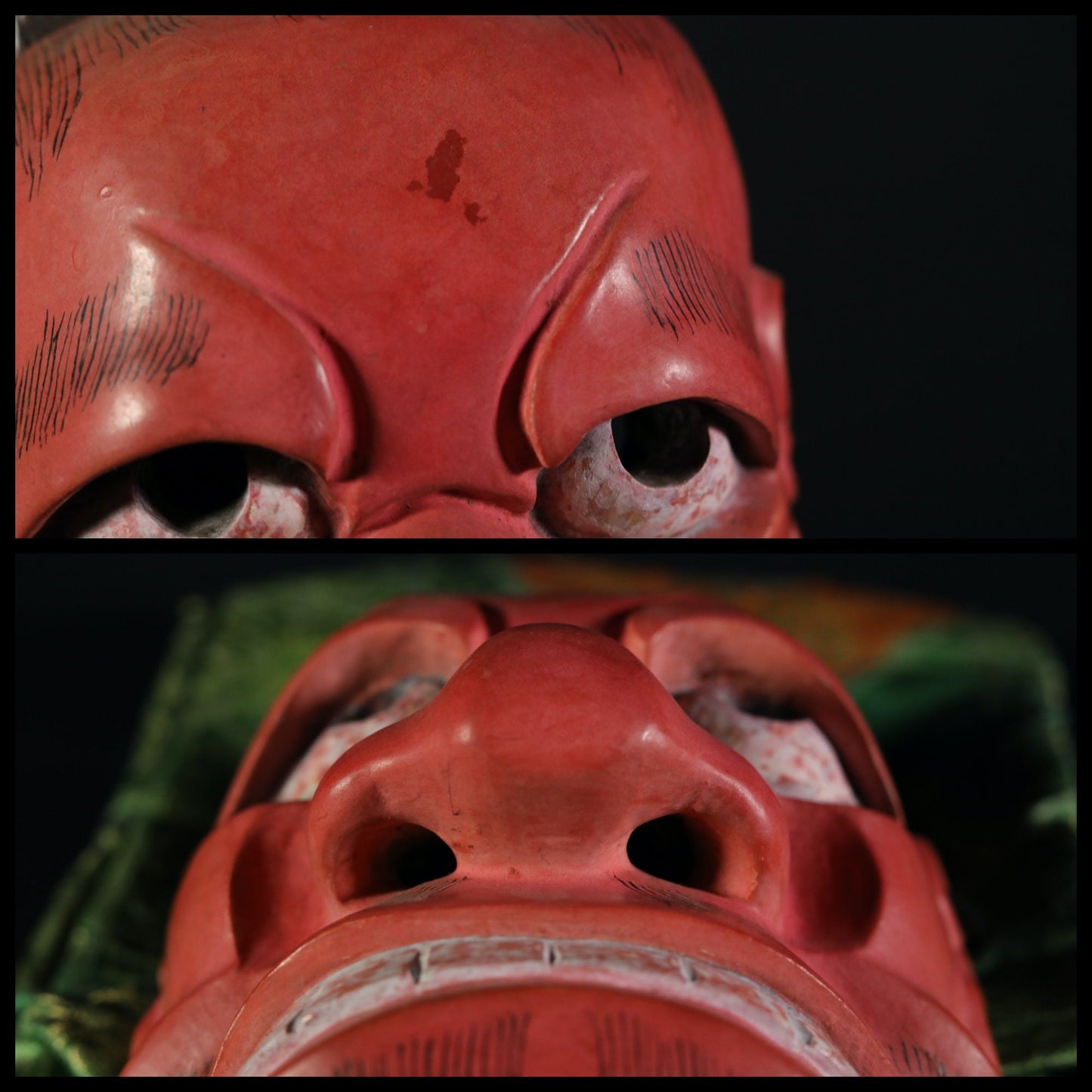 Japanese antique Noh mask red demon 武悪BUAKU wood carving Kyogen buddhist ornament statue with silk bag Japanese art wall deco H7.9in×W6.7in