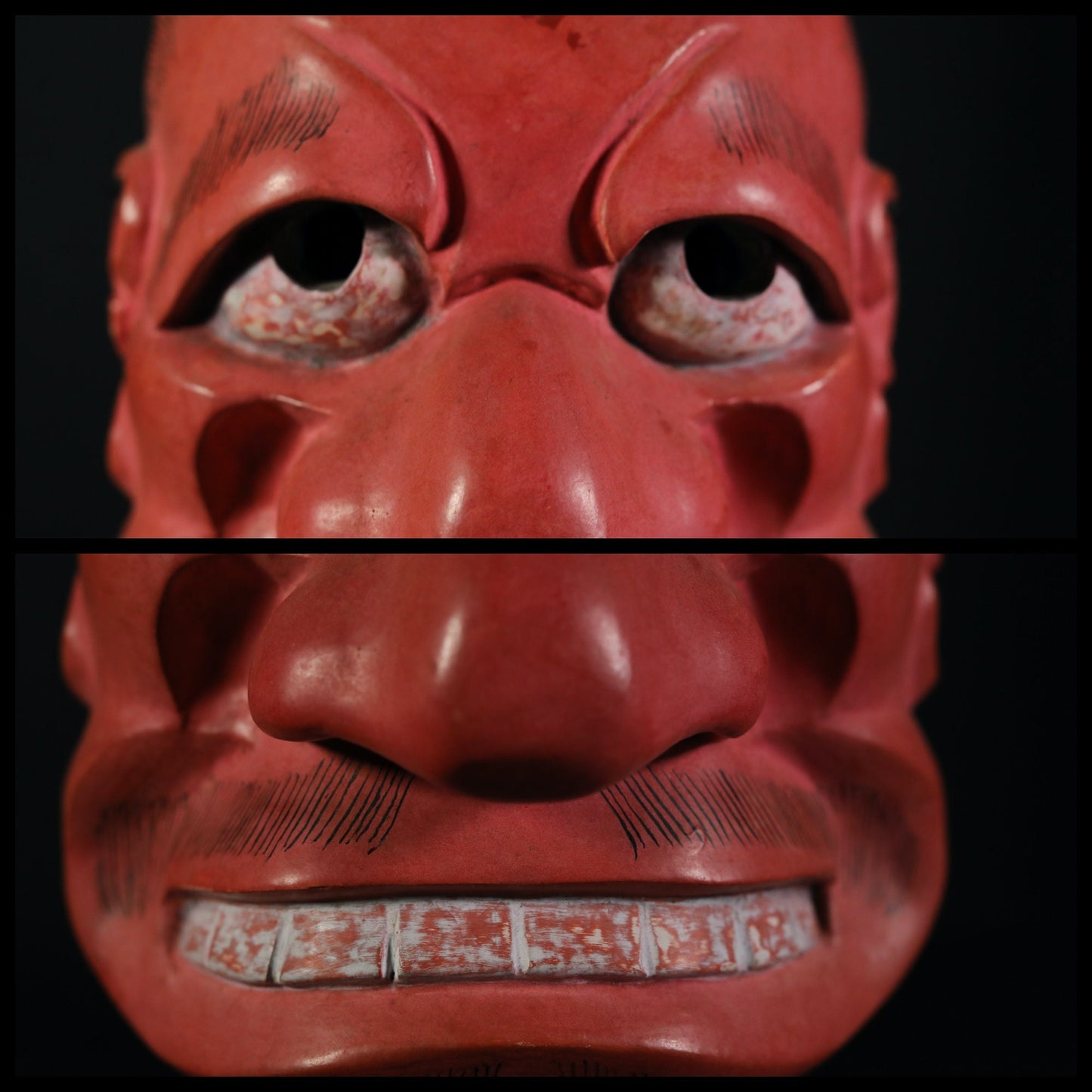 Japanese antique Noh mask red demon 武悪BUAKU wood carving Kyogen buddhist ornament statue with silk bag Japanese art wall deco H7.9in×W6.7in