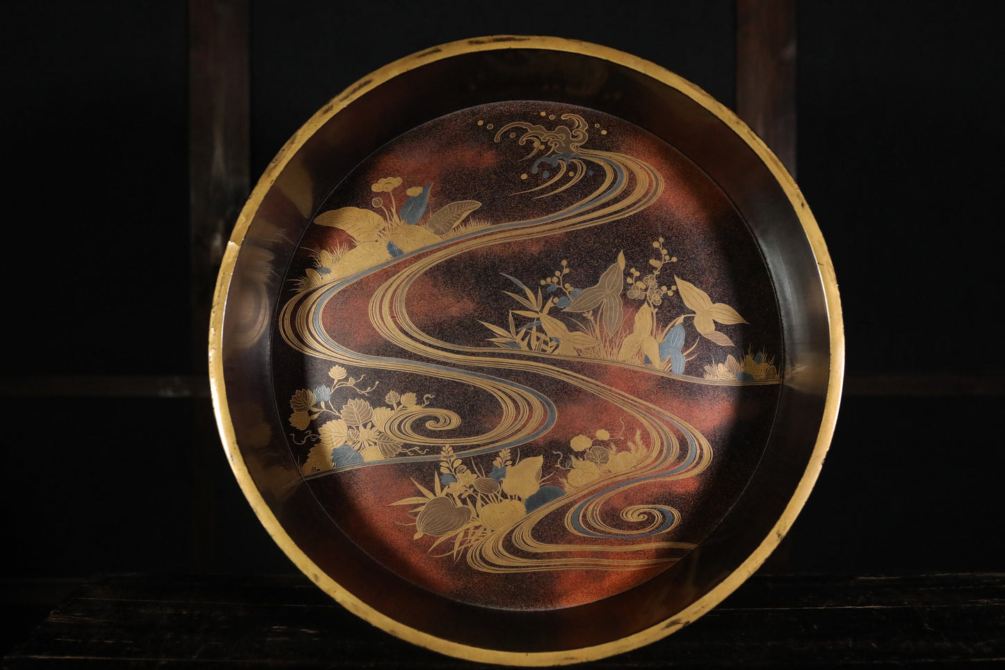 RARE! Japanese antique furniture lacquer gold MAKIE large wooden tub, with river and flower plants painting Edo 1800s H20.4in/51.7cm