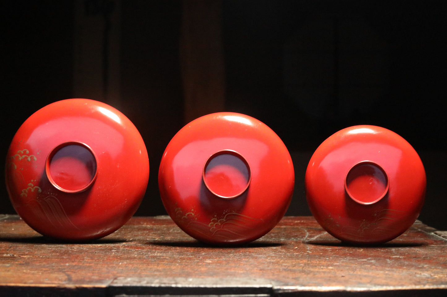 FINE! Set of 3 red gold lacquer MAKIE wooden sake cups with bards crane and turtles, Japanese Antique 1916s sakazuki urushi 4.9in/12.5cm