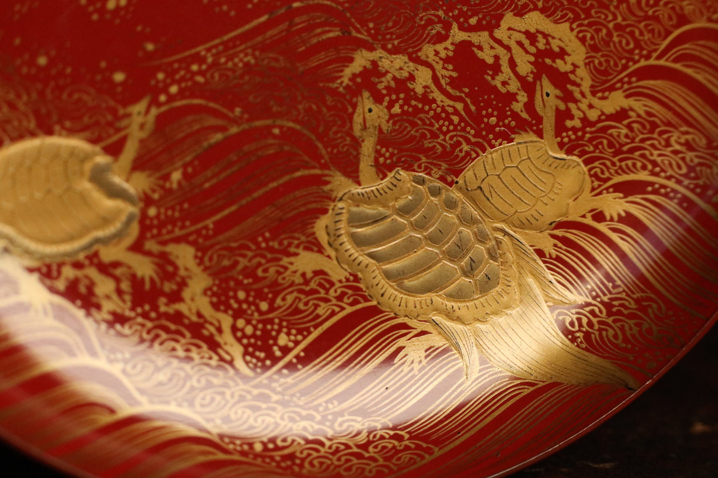 FINE! Set of 3 red gold lacquer MAKIE wooden sake cups with bards crane and turtles, Japanese Antique 1916s sakazuki urushi 4.9in/12.5cm
