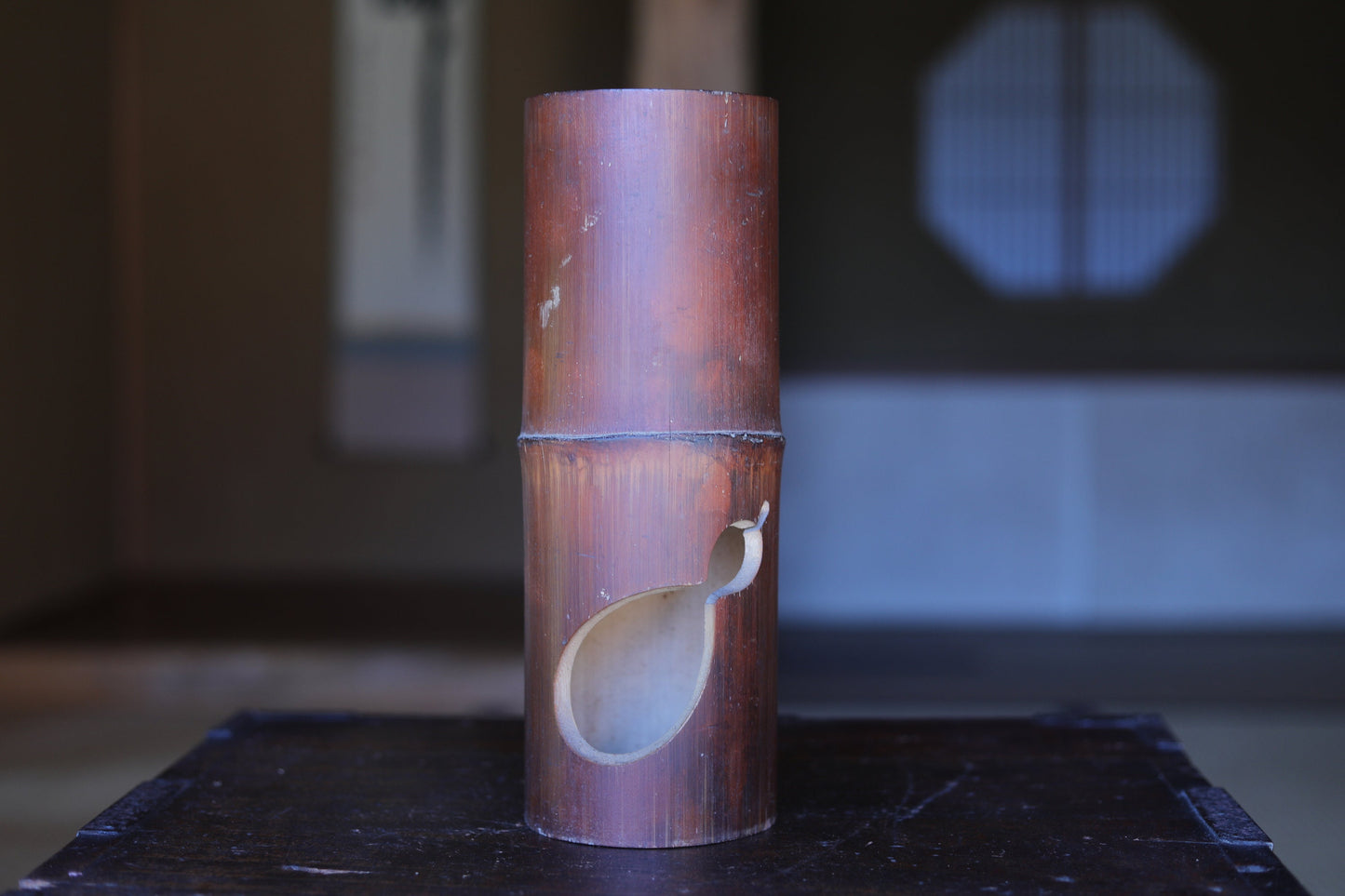 Japanese vintage bamboo vase with gourd curved design and Kanji calligraphy,IKEBANA, Tea ceremony Japanese furniture H11.8×4.1in/30×10.5cm