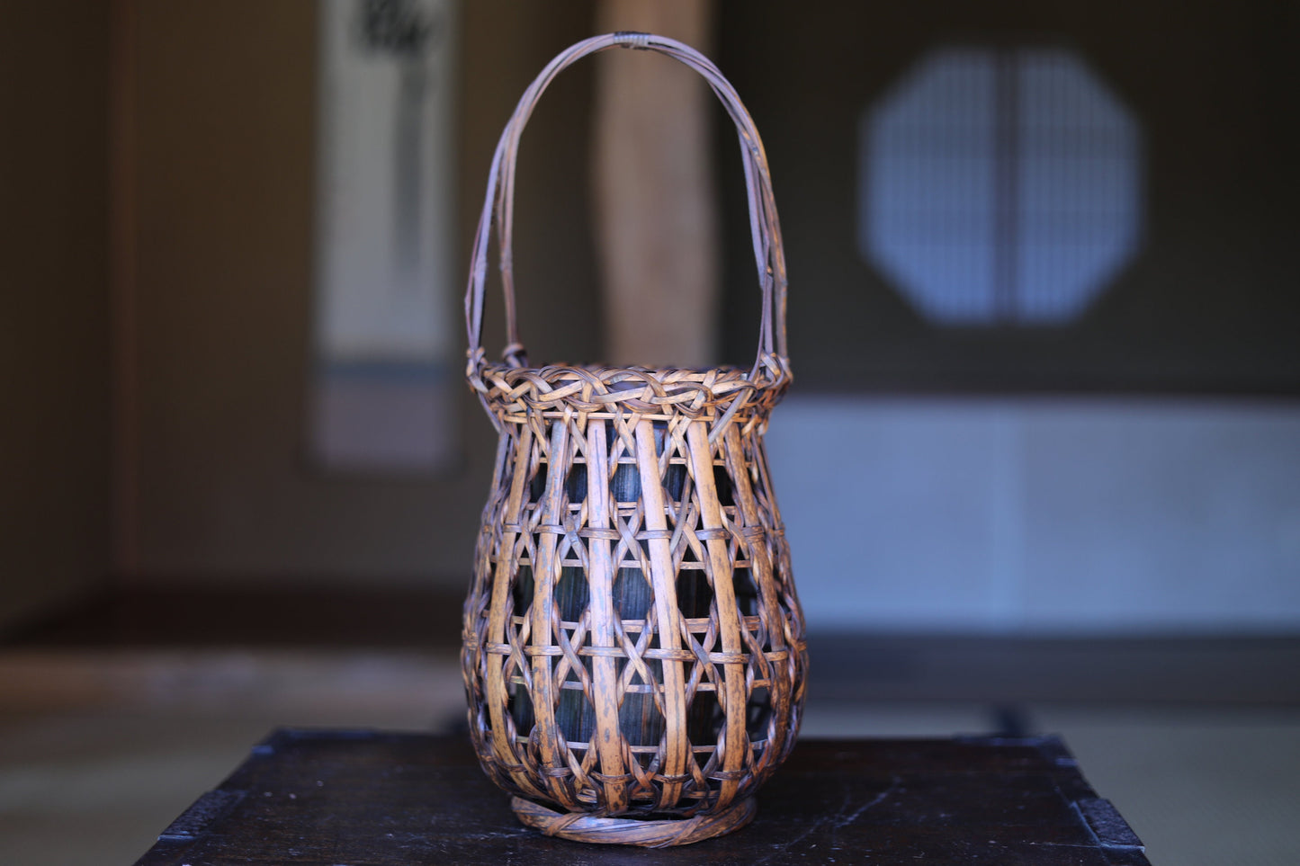 FINE! Japanese antique bamboo woven basket in smoke stained color with Kanji signature ,For IKEBANA, Tea ceremony H15.7x6.7in/40×17cm